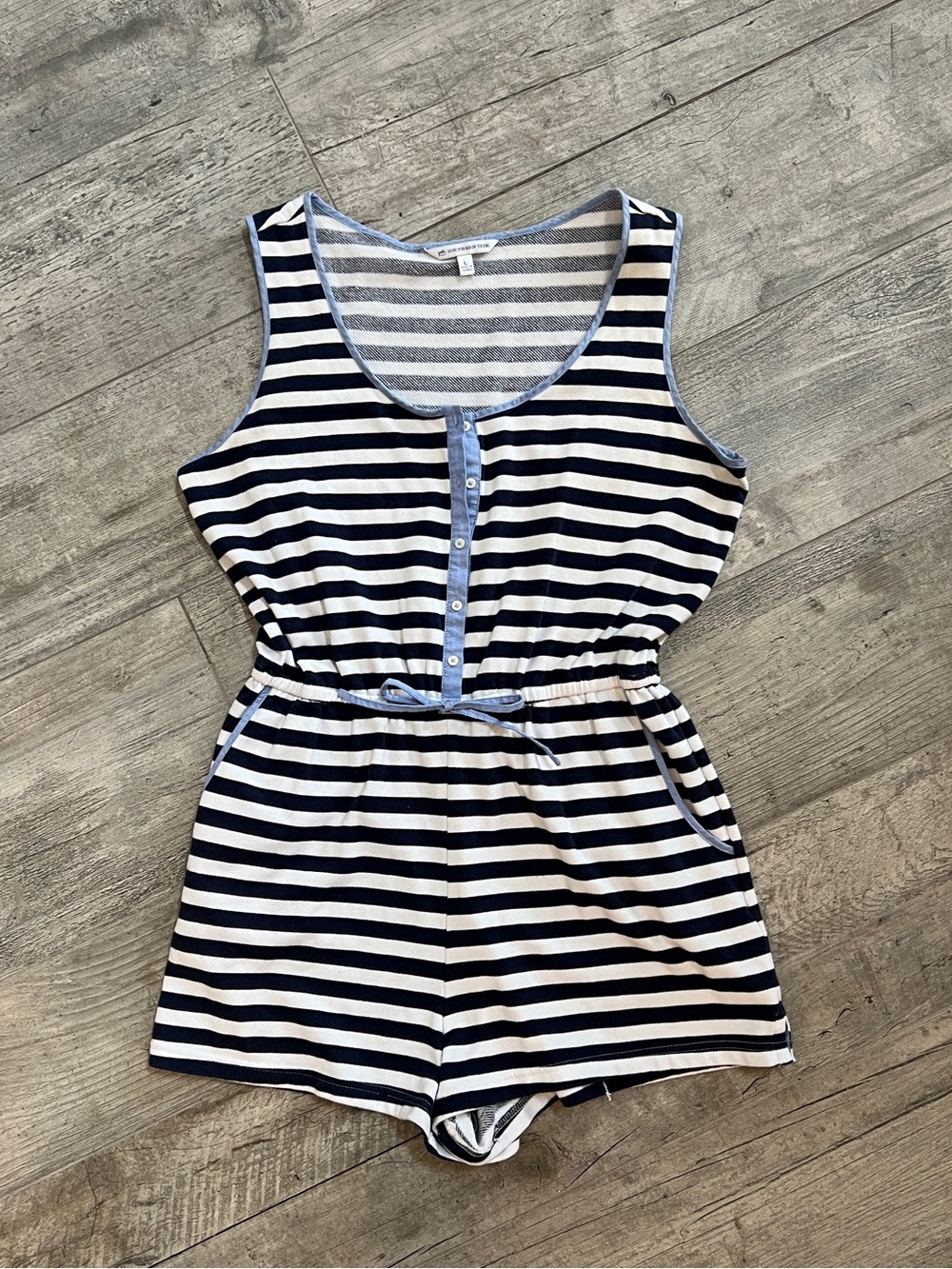 Southern Tide Summer Striped Cotton Tank Romper w/lt blue trim and pockets